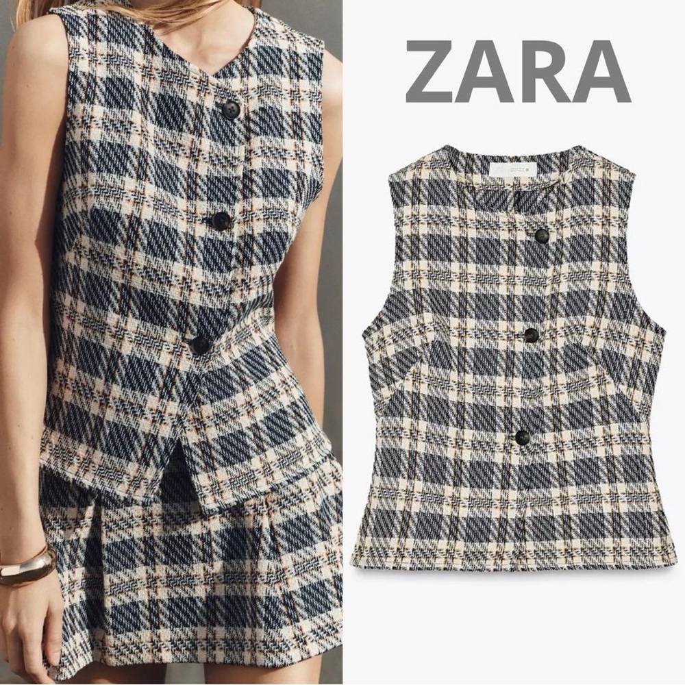 Zara Navy Blue & Cream Plaid Tweed Style Waist Coat Sleeveless Button Vest Top M